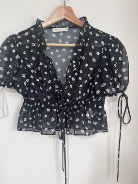 12th Tribe Black Floral Sheer Ruffle Tie-Front Crop Top